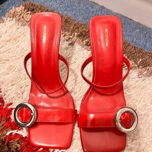 PrettyLittleThing Red Buckle Square-Toe Slide Mules